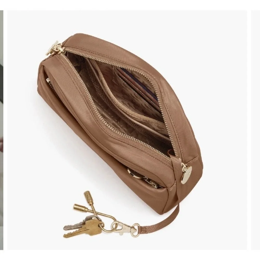 Lo & Sons Nouvelle Crossbody Bag Dark Tan/Gold Hardware Adjustable Strap Nylon